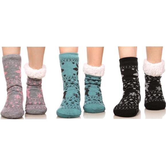 3 Pairs Women's Slipper Socks Warm Fuzzy Fleece-lined Anti-Skid Socks